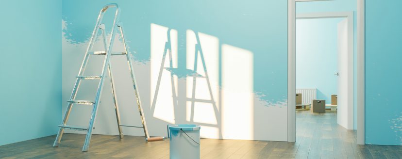 interior of a new house with paint can and half painted wall with stairs and moving boxes in the back room. 3d rendering