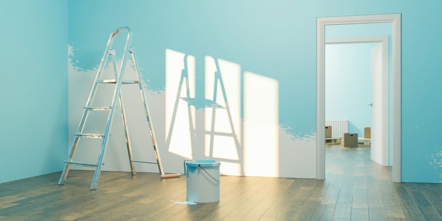 interior of a new house with paint can and half painted wall with stairs and moving boxes in the back room. 3d rendering